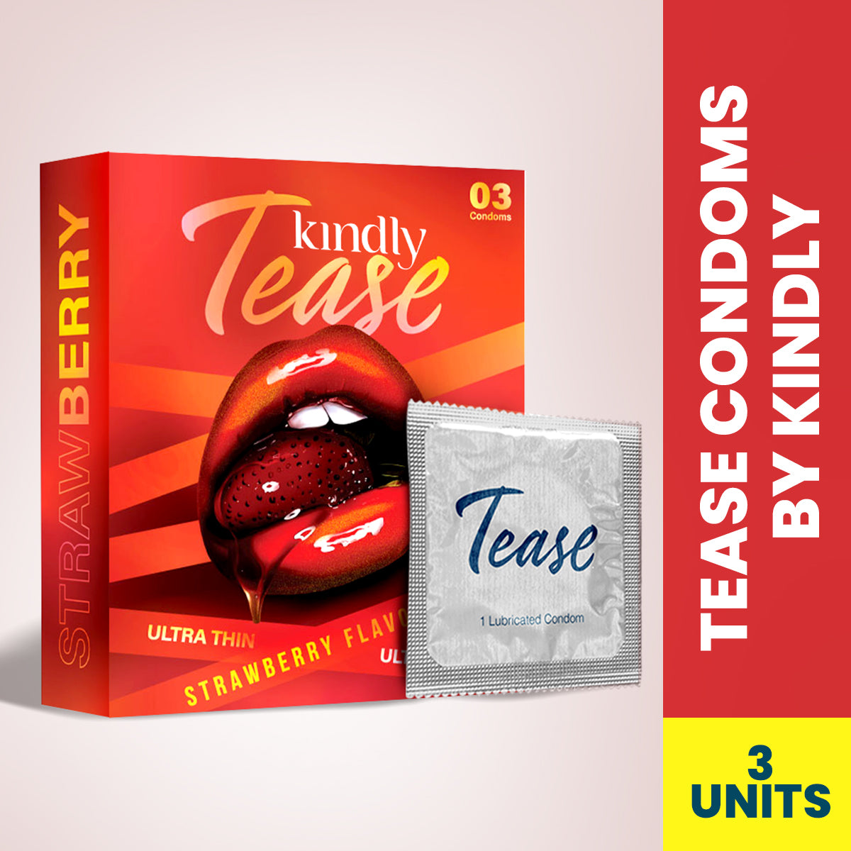 Tease Condoms- Ultra Thin- Strawberry Flavour - Pack of 3