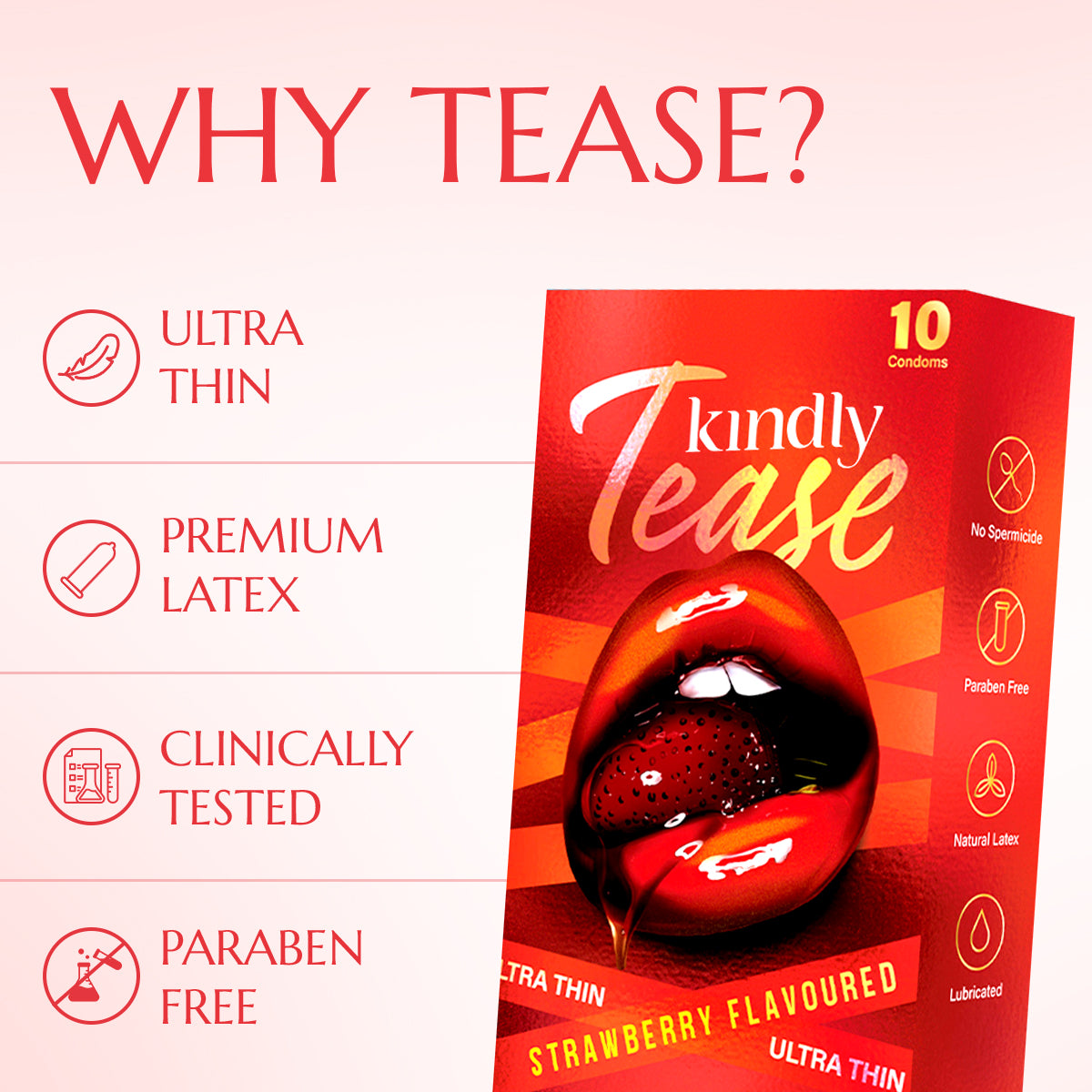 Tease Condoms- Ultra Thin- Strawberry Flavour -Pack of 10